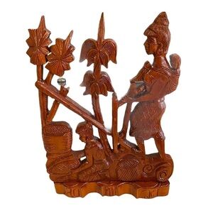 Vintage Indigenous Carved Wood Village Sculpture.